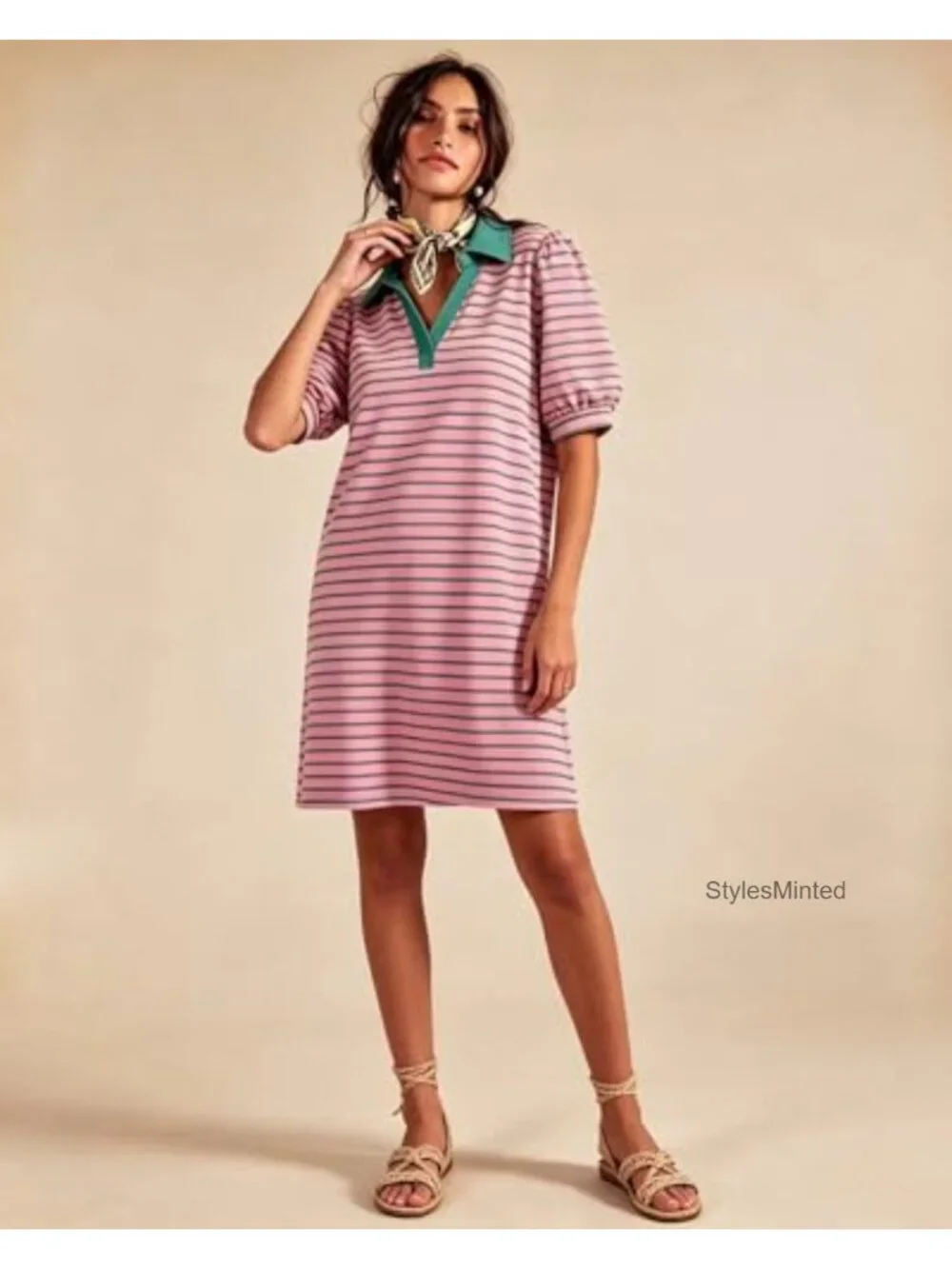 Striped A-Line Mini Dress with Pockets V-Neck Puffy Short Sleeve Summer Casual